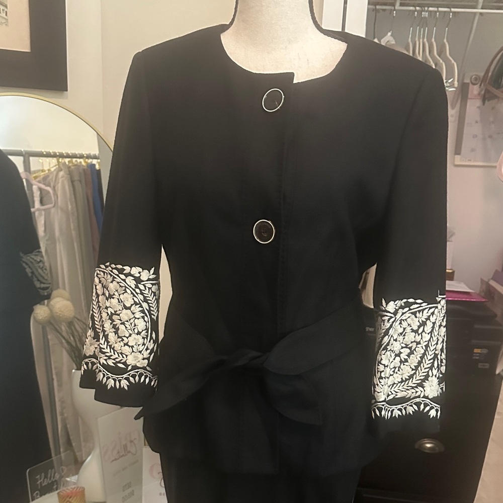 Rena Lange Black Jacket with White Embroidery